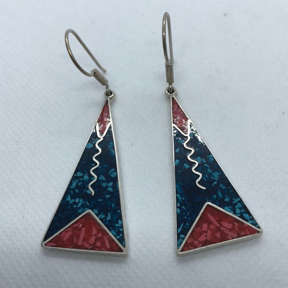 VTG Sterling Navajo Inlay Earrings - Picture 2 of 5